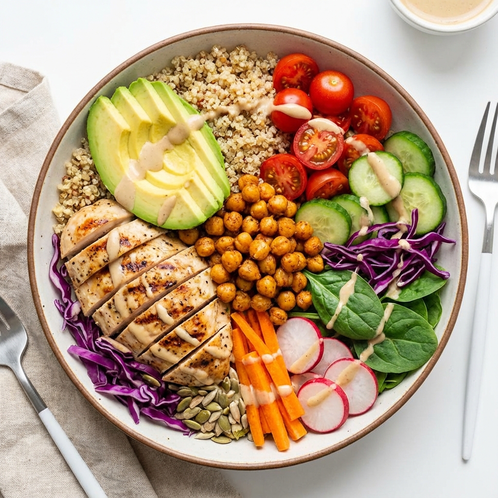 Protein buddha bowl tavuk ve kinoa ile